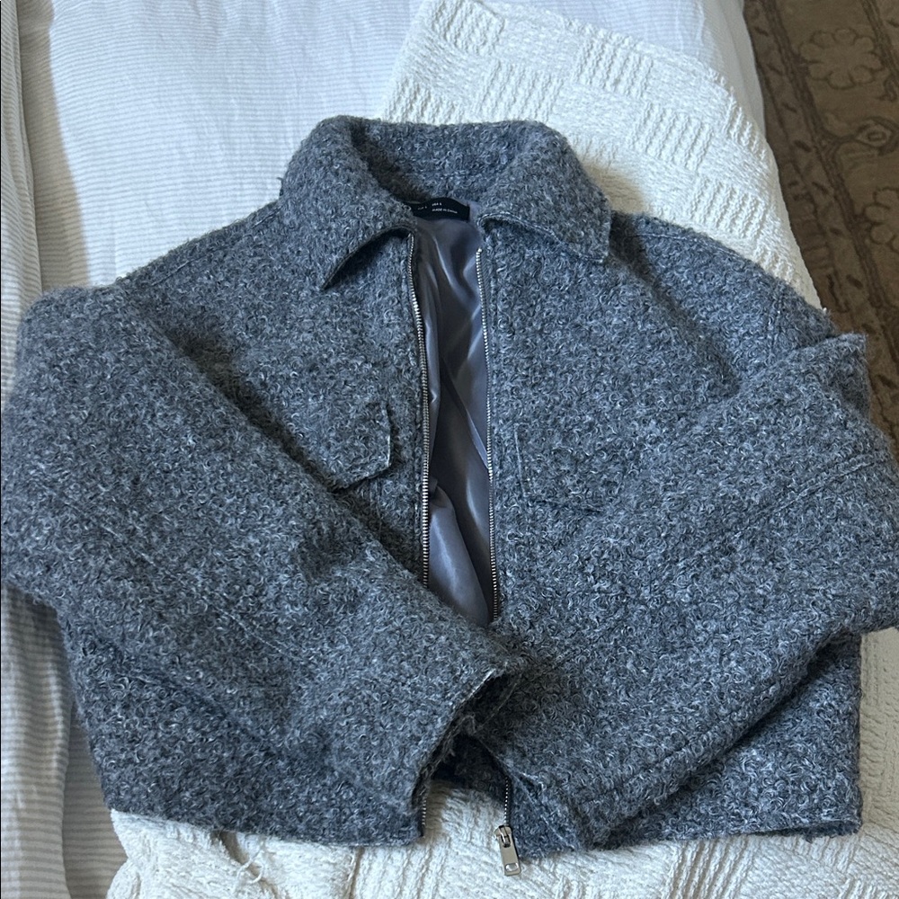 Textured Gray Zip-Front Wool Blend Jacket